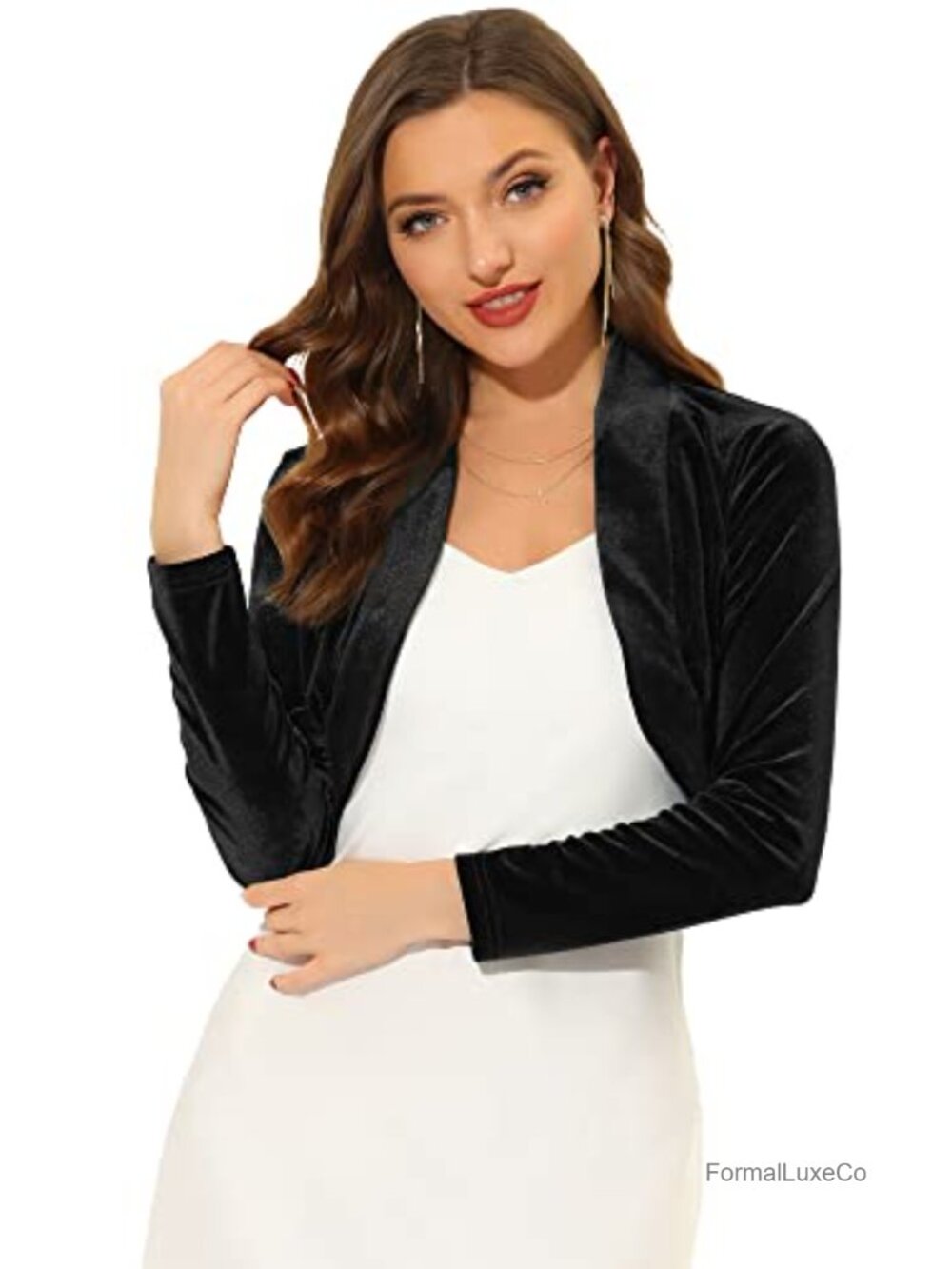 Velvet Cropped Bolero Shrug Cardigan Open Front Long Sleeve Shawl Neck